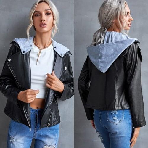 European and American mens motorcycle leather hooded detachable side zipper casual PU jacket short jacket women 2021