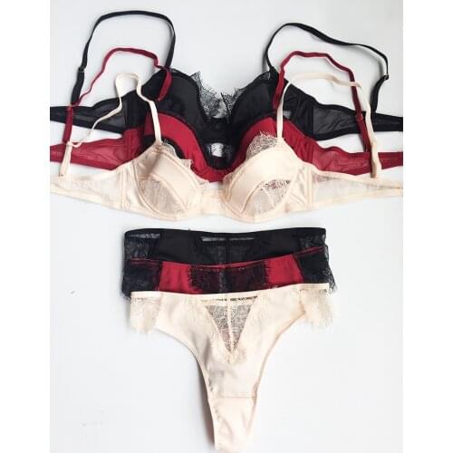 Wriufred Lace sexy underwear T pants satin stitching perspective seductive sexy bra set large size push up women lingerie