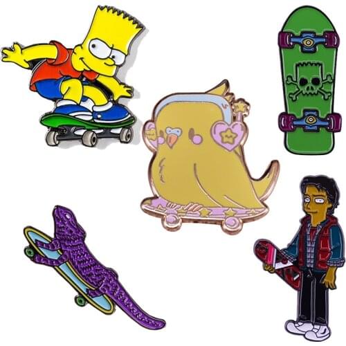 Cute Skateboard Enamel Pin Skating Badge Bart lizard Brooch Funny Street Boy Jewelry