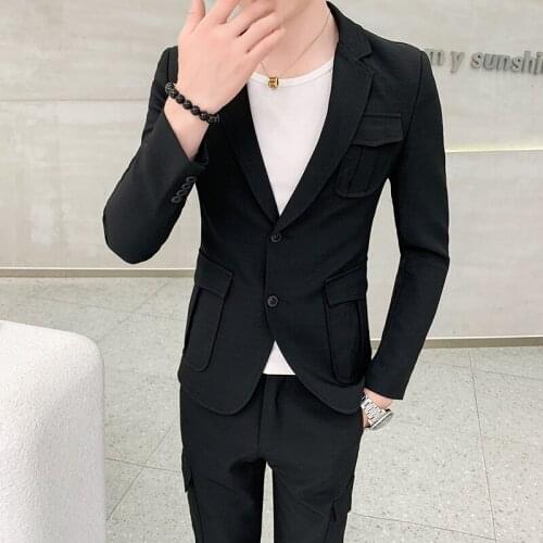 2020 Fashion Personality Youth street style Stretch casual mens solid color Embroidery slim long sleeve mens suit 2 pcs set