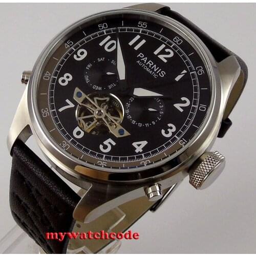 43mm parnis black/white dial date window leather strap automatic movement mens watch Relogio Masculino