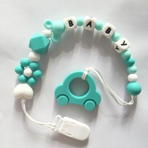 Personalized Name Silicone Teething Pacifier Clips with Car Silicone teether Pacifier Chain Necklace for Baby Chew Toys