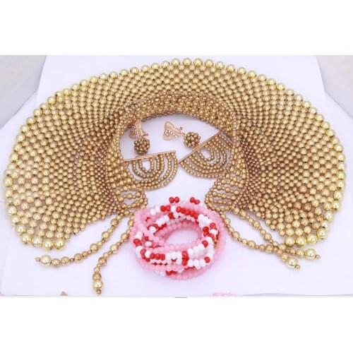Plated Gold Indian Bridal Jewelry Sets Necklace Nigerian Wedding Necklace African Beads Bride Fashionable Necklace Jewelry Sets