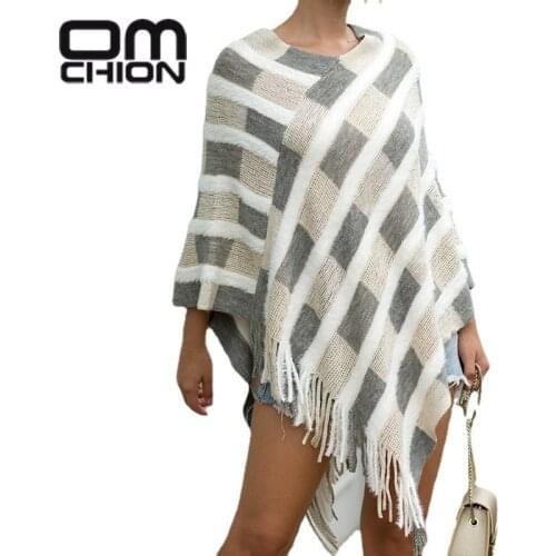 OMCHION Autumn And Winter Pullover 2021 Korean New V Neck Tassel Poncho Cape Women Casual Plaid Oversized Sweater Knitwear