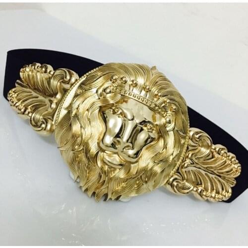 Womens European and American Fashion Golden Lion Elastic Snap Waist Closure Womens Metal Wide Belt Elastic Closure
