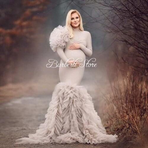 Unique High Neck Full Sleeves Tulle Maternity Dresses To Photography Lush Ruffles Flowers Pregnanty Women Gowns Floor Length