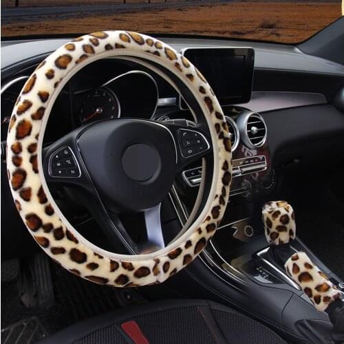 Universal Steering-wheel Plush Leopard Car Steering Wheel Covers Winter fur Hand Brake Gear Cover Set Car Interior Accessories P