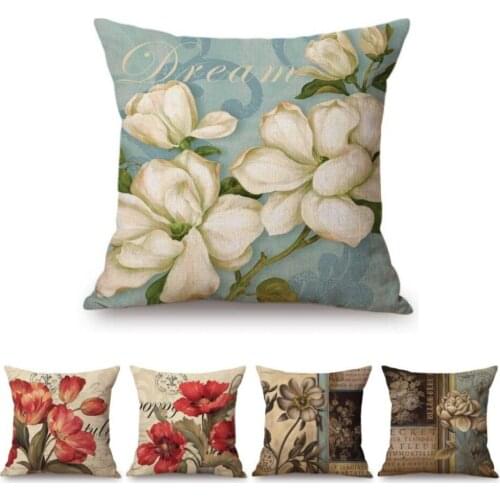Spring Home Floral Decoration Vintage Flower Poster Art Lily Rose Tulip Poney Sofa Throw Pillow Case Cotton Linen Cushion Cover