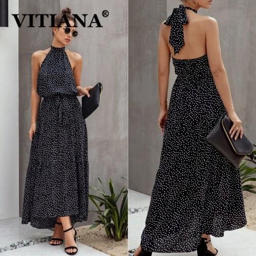 VITIANA Women Backless Sexy Long Dress For Womens Summer 2020 Female Sleeveless Dot Beach Dresses Woman Green Print Vestidos
