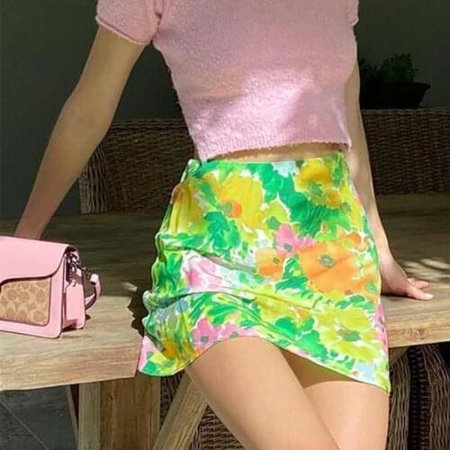 Y2k Skirt Girls Summer Kawaii Floral Print High-Waisted Hand-Painted Green Mini Skirts for Women Fashion Harajuku Streetwear