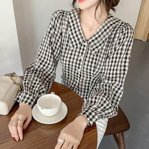 Vintage Plaid Blouse Women Summer Autumn Puff Sleeve Crop Tops and Blouses Plus Size Loose Shirts chemise femme
