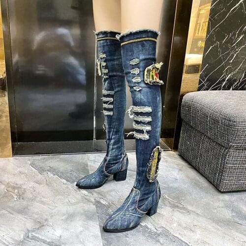 Spring Autumn New Fashion Slim Thick High Heels Pointed Toe Fringe Denim Women Boots Ladies Over-the-Knee Cowboy Botas 20201019