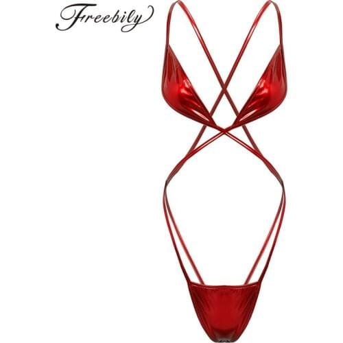 Women Shiny Metallic Mini Bikini Lingerie Spaghetti Straps Erotic Bodysuit Swimsuit Monokini Nightwear Hot Sexy Costume