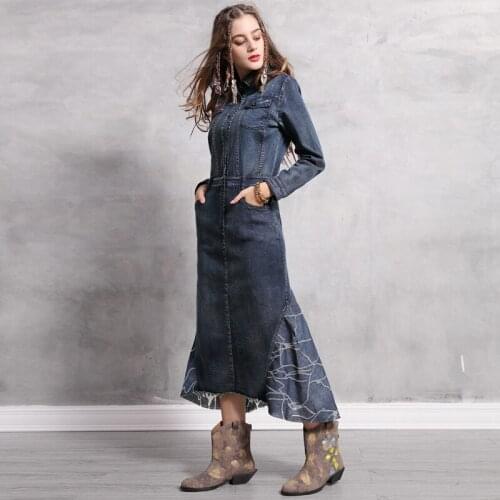 New Retro Denim Mermaid Long Dress Long Puff sleeves Slim Elastic waist Single-breasted Cowboy Fishtail Dress