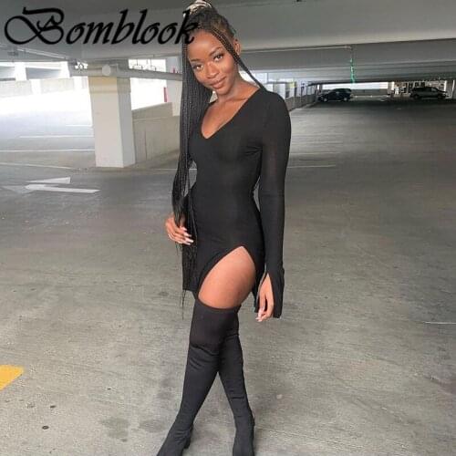Bomblook Sexy Party Club Bodycon Dresses For Women 2021 Summer Solid O-neck Long Sleeve Slit Slim Mixi Dress Female Streetwears