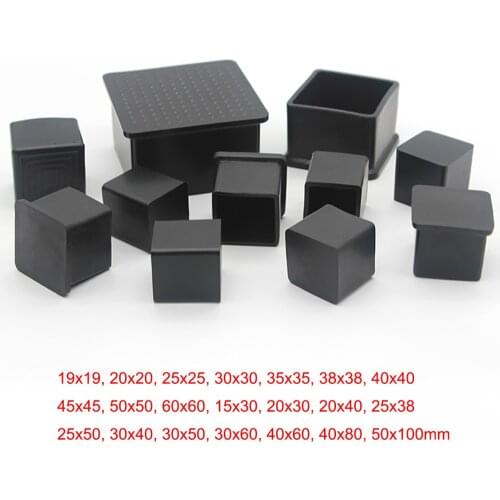 4PCS Square Rectangle Black Chair Table Feet Stick Pipe Tubing End Cover Caps Furniture Anti-slip Soft PVC Cap Floor Protector