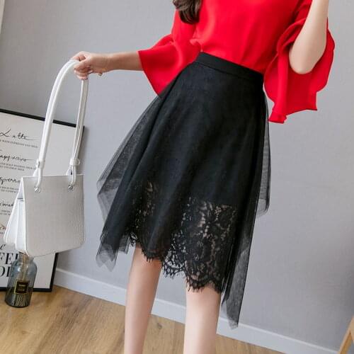 Elegant Korean Style Women Office Formal A-Line Skirt Spring Mesh Patchwork High Waist Skirt Plus Size 5Xl Black OL Skirts