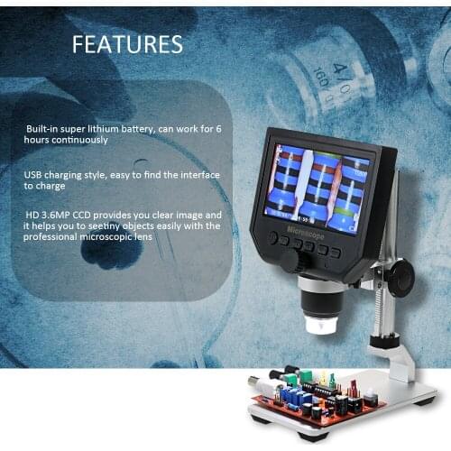 600X LCD Display Electronic Microscope Zoom 3.6MP Portable LED Digital Video Microscope With Aluminum Alloy Stand