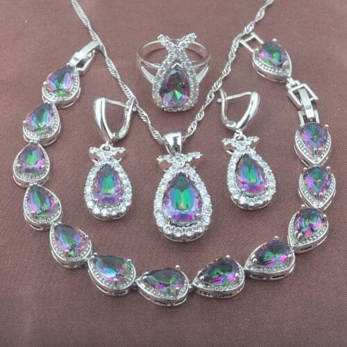 Water drop Rainbow Zircon Jewelry Sets Wedding Jewellery Silver Color Bracelets Earrings Pendant Necklaces Rings YZ0572