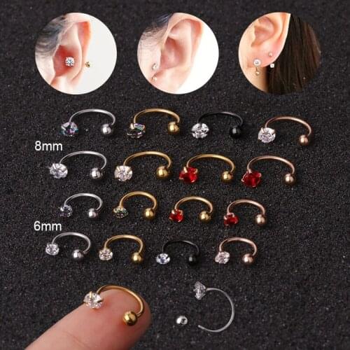 1Pc 6mm/8mm C-Shape Cz Cartilage Earring Nose Rings Stainless Steel Helix Tragus Conch Rook Daith Lobe Body Piercing Jewelry