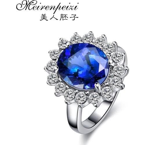 Round Crystal Women Engagement Wedding Finger Crystal Ring Princess Blue Gems Ring for Anniversary Party Women Jewelry
