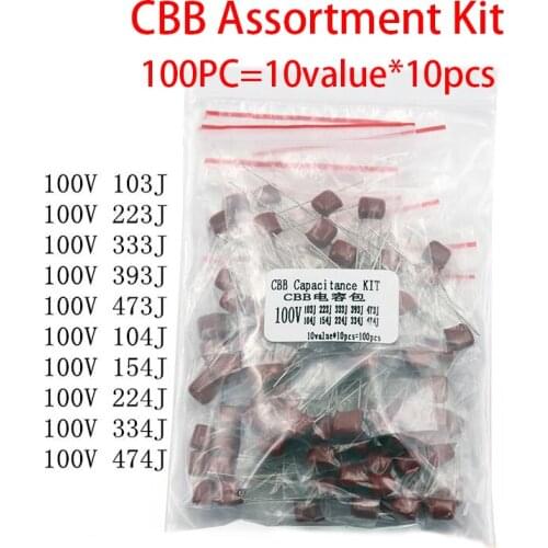 KIT 100PC=10value*10pcs Metallized Polyester Film Capacitors CBB Assortment Kit 100V 10nF ~ 470nF