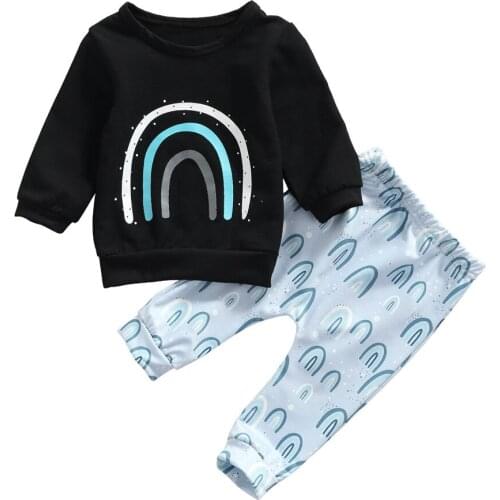 2 Pieces Kids Suit Set, Rainbow Print Round Neck Long Sleeve Pullover+ Long Pants For Toddler 2021 New Fashion