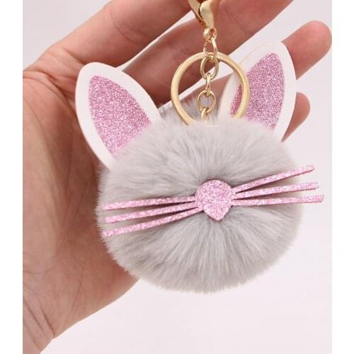 Fashion Cute Plush Pompom Cat Head Keychain Fluffy Rabbit Fur Ball Animal Key Chain Accessories Trinket Car Bag Pendant Jewelry