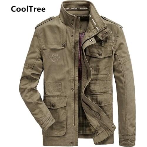 CoolTree Men Casual Jackets Spring Autumn Solid color Multi-pocket Stand collar Coats Male Slim Fit Windbreaker Outerwear Tops