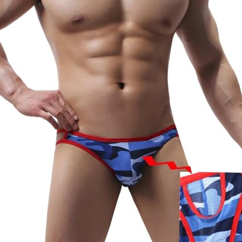 Men Briefs Underwear Sexy Gay Mesh Hollow Out Low waist Man Camouflage Printed Briefs shorts Penis Scrotum Separation Underpants