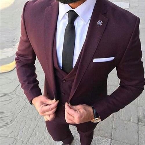 Latest Coat Pant Designs Wine Red Business Men Suit 2019 Prom Tuxedo Slim Fit 3 Piece Groom Dress Men Wedding Suits Blazer Terno