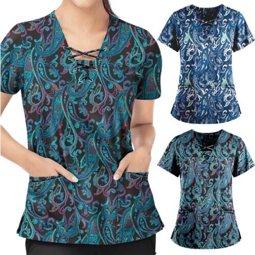 New Womens Blouse Short Sleeve Sexy V-neck Flower Print Tops Nursing Working Uniform T-shirts Plus Size Medical Uniforms Women