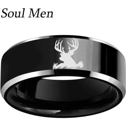 8mm Black Tungsten Carbide Wedding Band Mens Unique Deer Head Laser Ring Size 6 to 13 Best Gift for Christmas