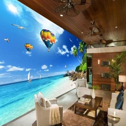 Drop Shipping photo Wallpaper Mediterranean Landscape Fresco Blue Sky Beach Coconut Sofa Living Room TV Wallpaper Mural