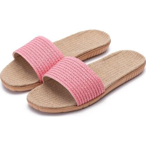 Women Flax Slippers Summer Indoor Linen Flip Flops Hemp Belt Flat Sandals Unisex Couples Casual Slides Non-slip Beach Shoes