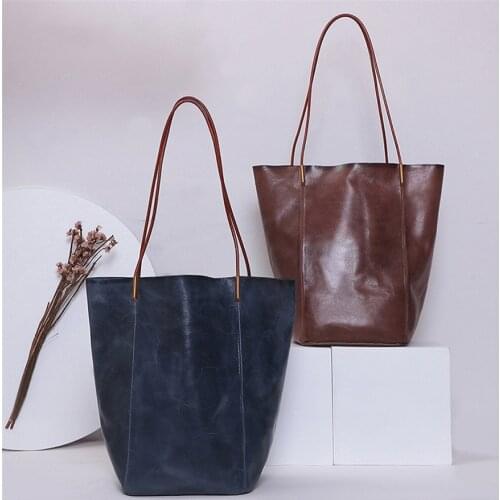 Retro Genuine Leather Bag Women Shoulder Bag Simple Mother And Child Bags Ladies Handbags High Capacity Exposure Tote Bags