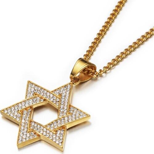 Hip Hop Hexagram Star of David Pendant Necklace For Men Gold Color Stainless Steel Israel Jewish Iced Out Bling Jewelry