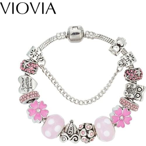 VIOVIA Hot Selling Owl Flower DIY Pink Beads Bracelets Bow-Knot Pendant Fit Original Bracelet Handmade for Women Gift B16136