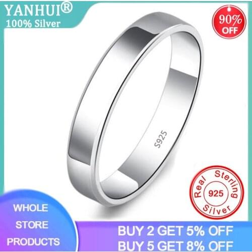 YANHUI Original Real Pure 925 Sterling Silver Flat Rings For Women Men Simple Couple Ring Smooth Wedding Band For Lovers Gift