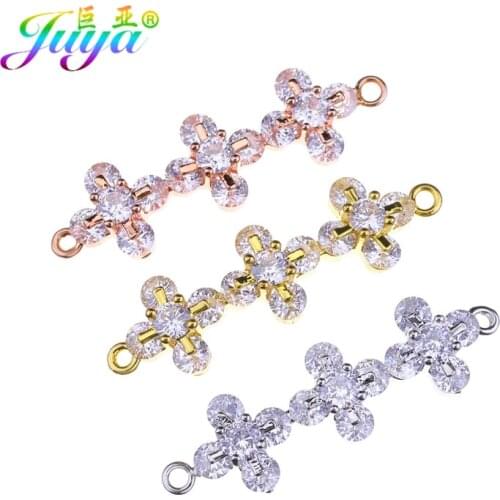 Juya DIY Jewelry Supplies Handmade Cubic Zirconia Flower Charm Connectors Accessories For Women Fashion Bracelet Necklace Making