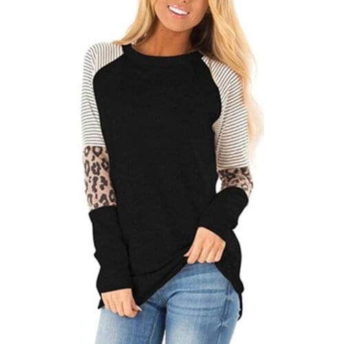 Women T-shirt Leopard Print Ladies Casual Loose Top Casual Campus Clothing Long Sleeve Top Solid Color Girls Clothing