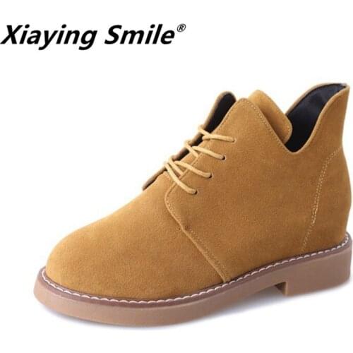 Xiaying Smile Women Boots spring & autumn women shoes fashion square heel women leather boots Round Toe nubuck lace-up shoes