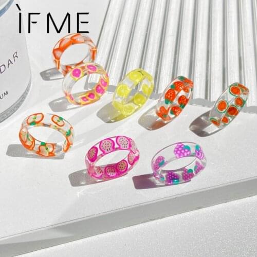 IF ME Aesthetic Handmade Transparent Resin Fruit Rings for Women Girl DIY Crafted Summer Stawberry Pattern Finger Ring Jewelry