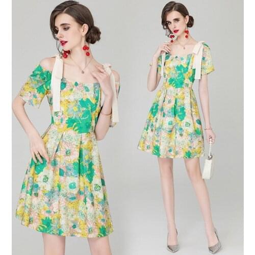 2021 Summer Runway Designer Spaghetti Strap Dresses Women Oil painting slash neck print lace-up dress Vestdio