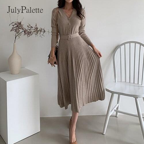 JulyPalette Elegant Womans Knitted Dress 2020 Autumn Winter Long Sleeve V neck Sweater Dress Ladies Slim Knit Long Dress Femme