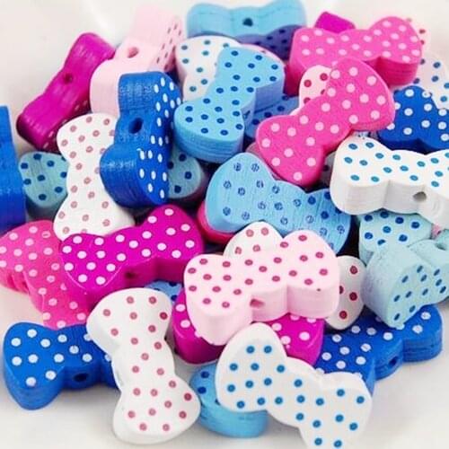 DIY 50pcs Colorful Wooden Beads Cute Bowknot Shape Pattern Wood Beads 20*11mm Loose Spacer Wood Beads for Jewelry Making Crafts