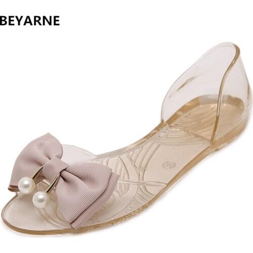 BEYARNE Lady new Fashion transparent crystal Jelly Shoes fish mouth sweet bowtie pearl woman student summer beach sandals 33-40