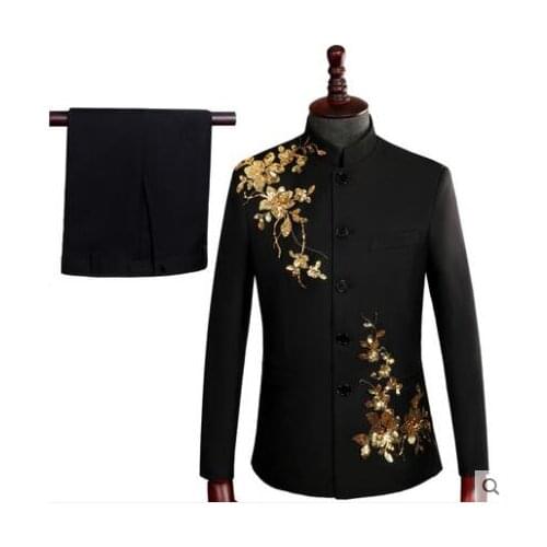 Blazer men Sequin suit set with pants mens wedding Chinese tunic suit costume singer stage embroidered formal dress black Chorus