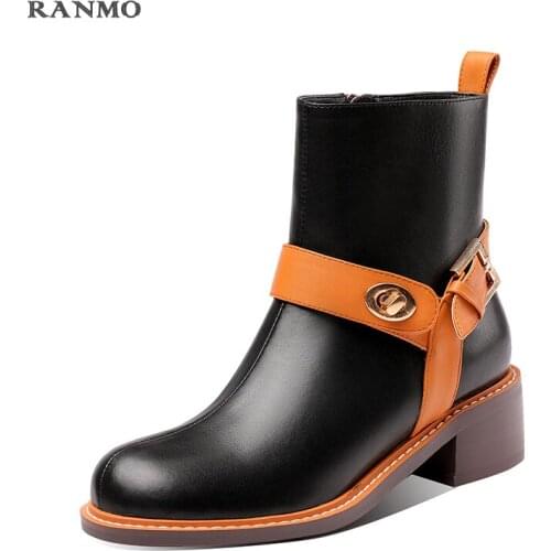 Hot Sale Women Boots 2021 New Fashion Shoes Woman Genuine Leather Black Ankle Boots Winter Warm Square Heel Boots Platform Boots