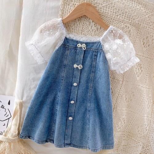 Children Girls Dresses Jeans Denim Summer New Short Sleeve Bow Lace Patchwork Princess Dress Toddler Kids Clothes for 2-6Y